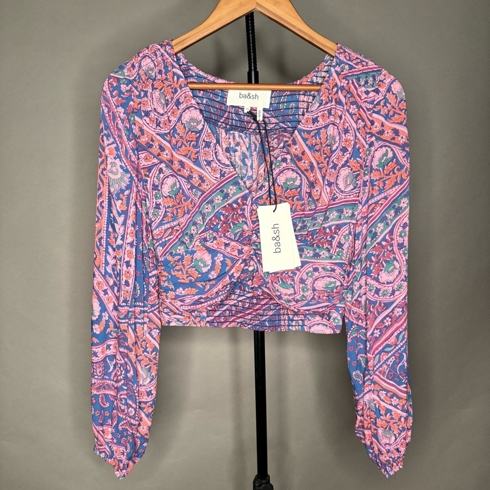 ba&sh NWT Finka Long-Sleeve Floral Paisley Puff Sleeve Crop Top Purple Pink XS